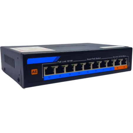 ALPHAEYE AE-81120 8-Port PoE Switch | 10/100 Mbps with Uplink, VLAN, and Lightning Protection