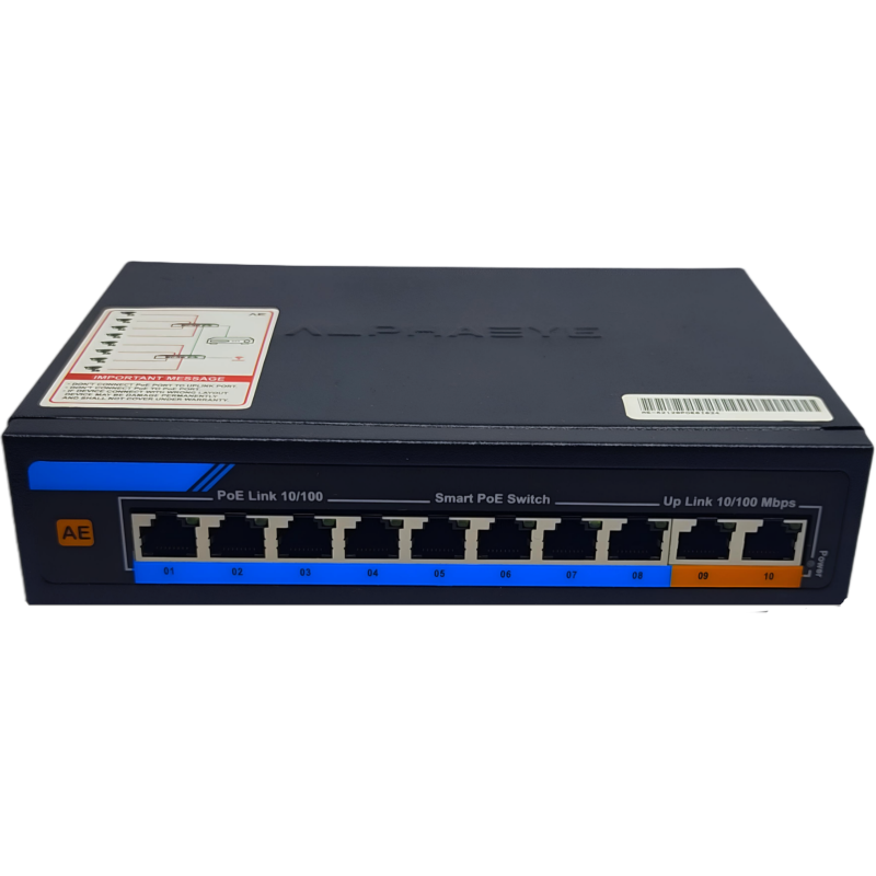 ALPHAEYE AE-81120 8-Port PoE Switch | 10/100 Mbps with Uplink, VLAN, and Lightning Protection ALPHAEYE AE-81120 8-Port PoE Switch | 10/100 Mbps with Uplink, VLAN, and Lightning Protection