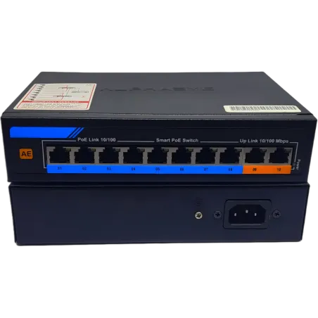 ALPHAEYE AE-81120 8-Port PoE Switch | 10/100 Mbps with Uplink, VLAN, and Lightning Protection